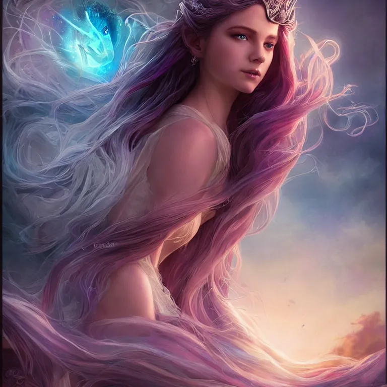 Image similar to beautiful cinematic fantasy poster, a beautiful princess like a disney princess hybrid with flowing illuminated hair, beautiful glowing galaxy eyes, wideshot ultrawide angle epic scale, hybrid from The Elden Ring and art direction by Darius Zawadzki ;by artgerm; wayne reynolds art station; cinematic quality character render; low angle; ultra high quality model; production quality cinema model;