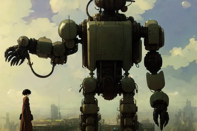 Image similar to dieselpunk, huge humanoid robot, painted by greg rutkowski makoto shinkai takashi takeuchi studio ghibli, akihiko yoshida