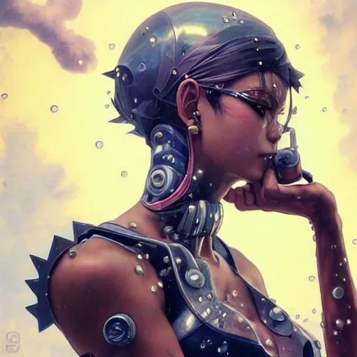 Image similar to painting of an anime punk cyborg woman, water particles floating in the air, finely detailed facial features, weathered drawing, film grain, painted art by tsuyoshi nagano, greg rutkowski, artgerm, alphonse mucha, spike painting