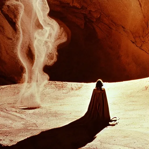 Image similar to 1 9 7 0's artistic spaghetti western movie, a woman in a giant billowy wide flowing waving dress made out of white smoke, standing inside a dark western rocky scenic landscape, volumetric lighting, backlit, moody, atmospheric