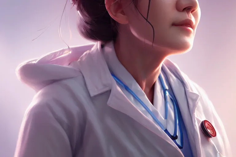 Image similar to a cute female doctor in a white coat, a chinese old man, cinematic, highly detailed, digital painting, artstation, concept art, matte, sharp focus, illustration, art by artgerm and greg rutkowski