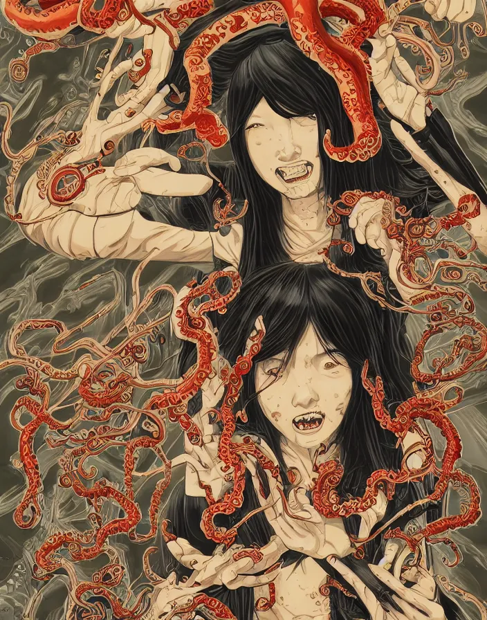 Image similar to intricate comic book style japanese horror poster japanese girl with fangs, graffiti, yokai, tentacles, by dan mumford, makoto shinkai and junji ito, 8k, highly detailed, unreal engine, crisp lines, volumetric lighting, featured on artstation, pixiv