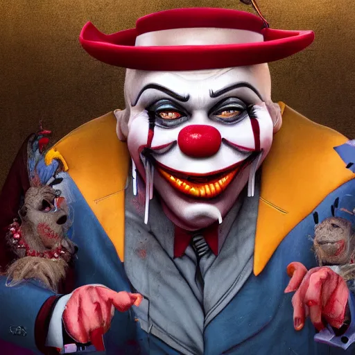 Image similar to a vicious clown with a detailed face at a crowded urban street making an offer you cant refuse, storybook illustration, octane render, detailed painting, by katherine federer, anthony pafford, harry gamboa and tracy flickinger 4 k