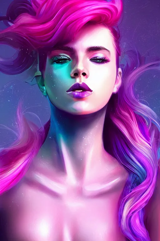 Prompt: a award winning half body porttrait of a beautiful woman in a croptop with ombre purple pink teal hairstyle with head in motion and hair flying, outrun, vaporware, shaded illustration, digital art, trending on artstation, highly detailed, fine detail, intricate