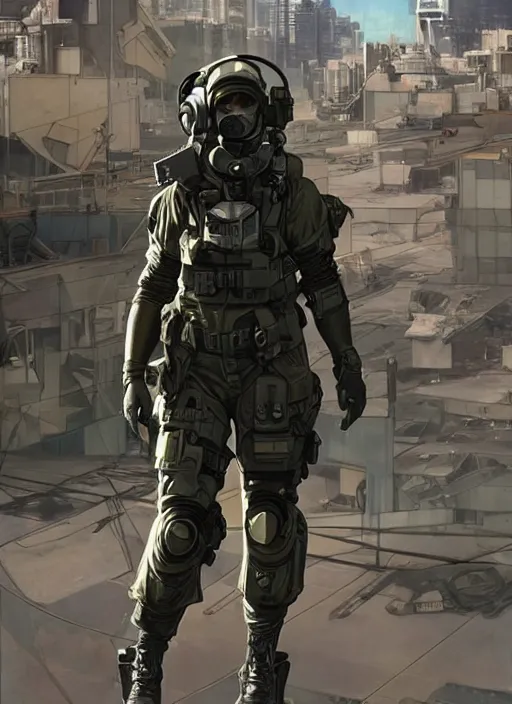 Prompt: Dinah. USN special forces futuristic recon operator, cyberpunk military hazmat exo-suit, on patrol in the Australian autonomous zone, deserted city skyline. 2087. Concept art by James Gurney and Alphonso Mucha. (Metal Gear Solid 6, rb6s)