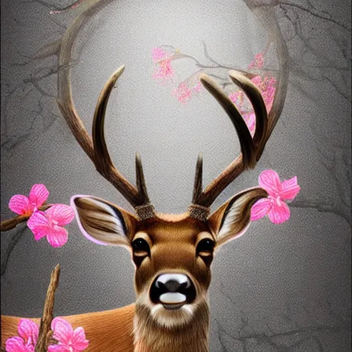 Prompt: professional digital art of a deer with cherry blossom antlers, fantasy, award-winning, 8K, HD, high quality, highly detailed