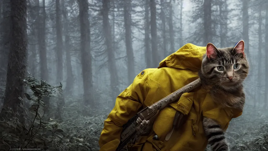 Prompt: portait of a cute humanoid cat soldier wearing a yellow raincoat, venturing through a dense forest, carrying a rifle. realistic 4 k octane render, epic composition, magical atmosphere, ultra hd, masterpiece by petros afshar and rembrandt, trending on artstation, looking back over shoulder, pastel colors, extremely detailed, gorgeous