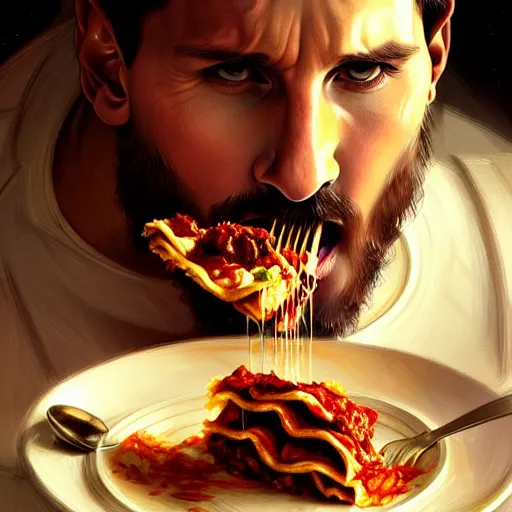 Image similar to Messi eating lasagna, closeup, D&D, fantasy, intricate, elegant, highly detailed, digital painting, artstation, concept art, matte, sharp focus, illustration, art by Artgerm and Greg Rutkowski and Alphonse Mucha