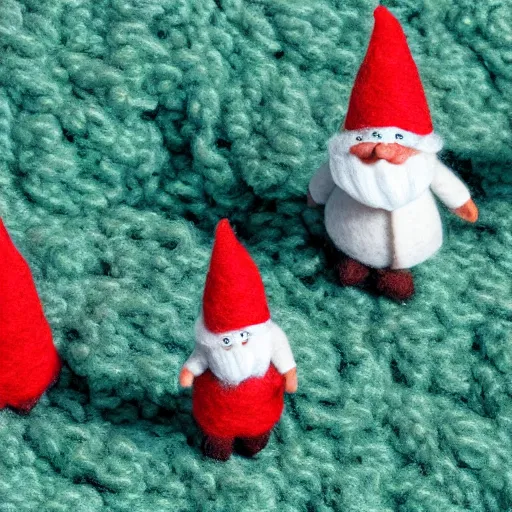 Image similar to a photography of little gnomes made out of wool on a stopmotion landscape made out of wool and yarn