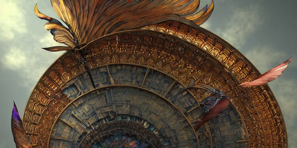 Prompt: beautiful physical hyper detailed render of a huge mega god bell weapon, symmetric, the style of louis comfort tiffany, pascal blanche, zigor samaniego, paul pepera, ellen jewett, weapon design, perfect shadow, mechanics, feather, wing, exquisite, gradient, structure, c 4 d, 3 d render, unreal engines, atmospheric lighting, 4 k hd