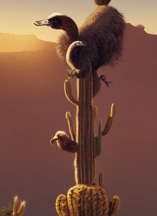 Image similar to A dodo bird perched atop a Saguaro cactus in the desert, full body, digital art, trending on Artstation, high detail, sharp focus, illustration, art by artgerm and greg rutkowski and alphonse mucha.