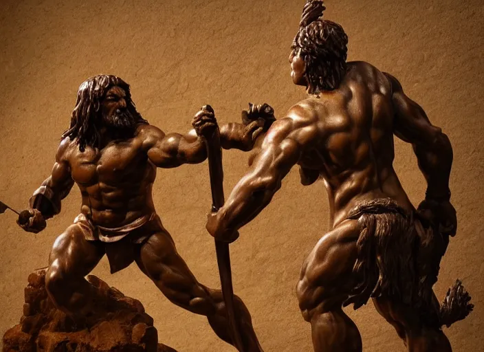 Prompt: a full figure rubber sculpture of a small conan the barbarian fighting a giant troll, by Michelangelo, dramatic lighting, rough texture, subsurface scattering, wide angle lens