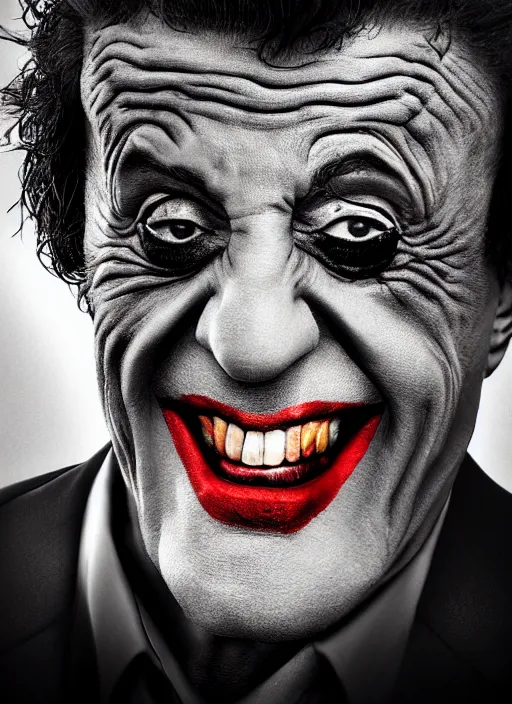 Image similar to photo of Sylvester Stallone as the Joker by Lee Jeffries , big smile, head shot, detailed, award winning, Sony a7R