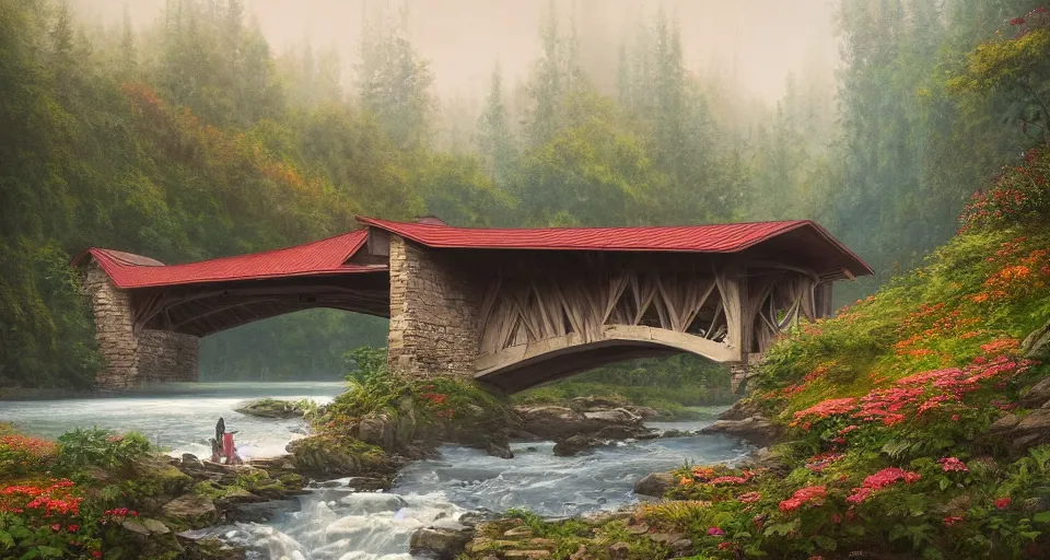 Image similar to A beautiful digital painting of a covered bridge, crystal lake, lovely valley by Stanley Artgerm Lau, Rossdraws, James Jean, gerald brom, Andrei Riabovitchev, Marc Simonetti, and Sakimichan, trending on artstation