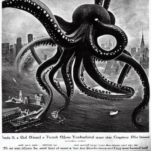 Prompt: old black and white photo, 1 9 1 3, depicting dieselpunk giant octopus attacking new york, historical record, tentacles around