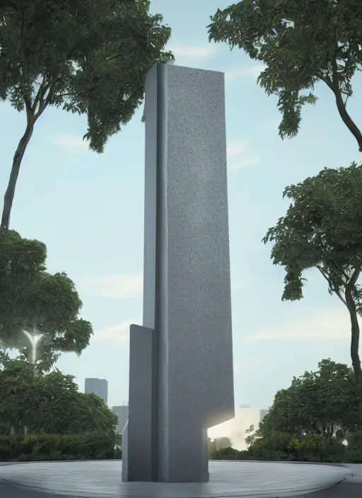 Image similar to highly detailed architecture render of a huge high futuristic metallic stele sculpture standing in city park, archdaily, made in unreal engine 4