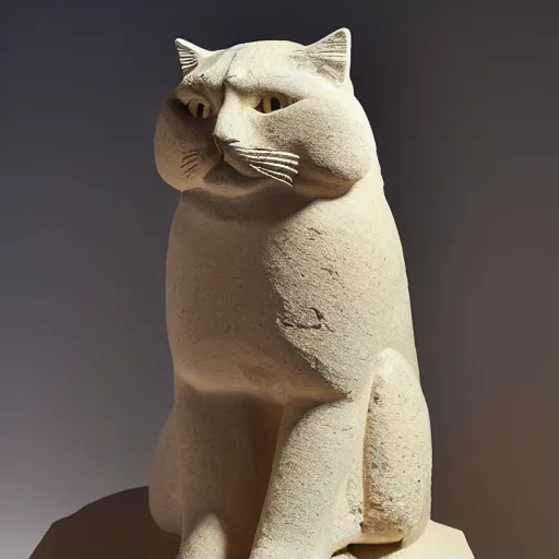 Image similar to close - up museum photo of an ancient limestone statue of a cat, egypt's, studio lighting, professional, promo,