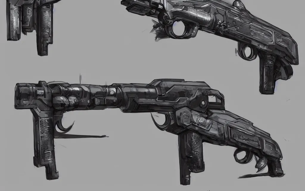 Image similar to a cyberpunk gun in future , designed by Feng Zhu, concept art, trending on artstation