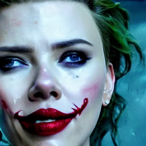 Prompt: beautiful awe inspiring Scarlett Johansen as The Joker smiling maniacally 8k hdr