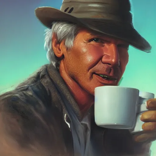 Image similar to harrison ford drinking coffee, colorful, contrast, 3 d scene, greg rutkowski, zabrocki, karlkka, jayison devadas, trending on artstation, 8 k, ultra wide angle, zenith view, pincushion lens effect