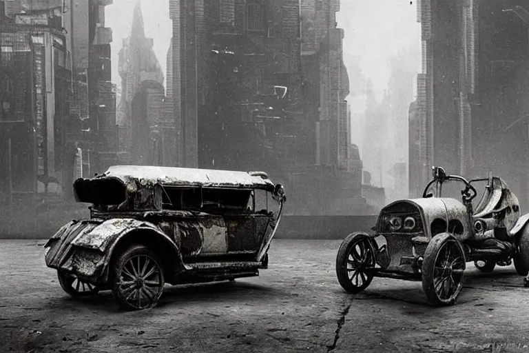 Image similar to cyberpunk 1 9 0 8 model ford t by paul lehr, jesper ejsing, metropolis, parked by view over city, vintage film photo, damaged photo, scratched photo, scanned in, old photobook, silent movie, black and white photo