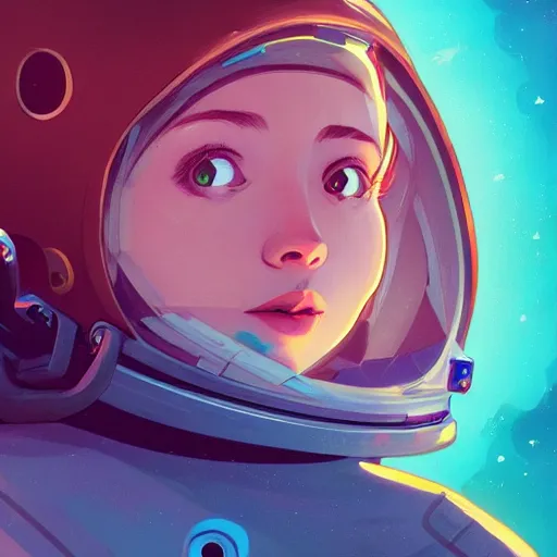 Image similar to an astronaut lost in orbit, a look of wonder on her face, ambient lighting, 4 k, lois van baarle, ilya kuvshinov, rossdraws, alphonse mucha, jung gi kim, artstation