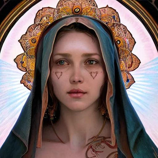 Image similar to Virgin Mary, facial tattoos, artists portrait, biomechanical, heaven, fantasy, highly detailed, digital painting, concept art, sharp focus, depth of field blur, illustration, art by artgerm and greg rutkowski and alphonse mucha