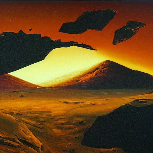 Prompt: oil painting, view from the surface of mars of mount olympus