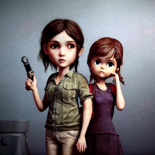 Prompt: Extremely cute and adorable 8k HD key visual of Ellie (The Last of Us) and Selena Gomez posing for the camera in an eerie haunted mansion in a creepy horror movie, official media, designed by Mark Ryden and artgerm and Margaret Keane. The art style is quite chibi, with large heads and big wide eyes. 3D render diorama Macro photography