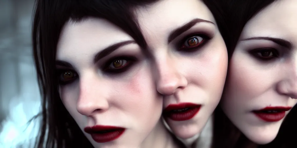 Image similar to detailed portrait of female vampire feeding on human, hyper - realistic, unreal engine, octane render, digital art, trending on artstation, 8 k, detailed, atmospheric, immaculate