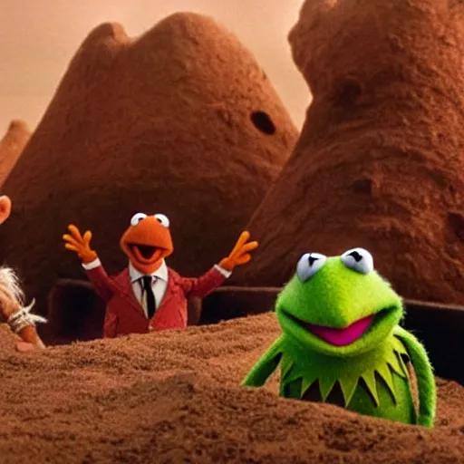 Image similar to The muppets in Dune (2021) dynamic action battle, highly textured, hyperrealism, god rays, award winning, gritty