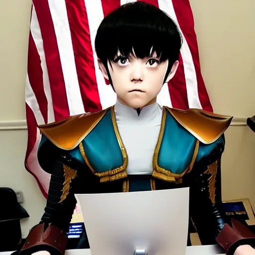 Image similar to a person cosplaying griffith from berserk by kentaro miura sitting at oval office desk with american flag