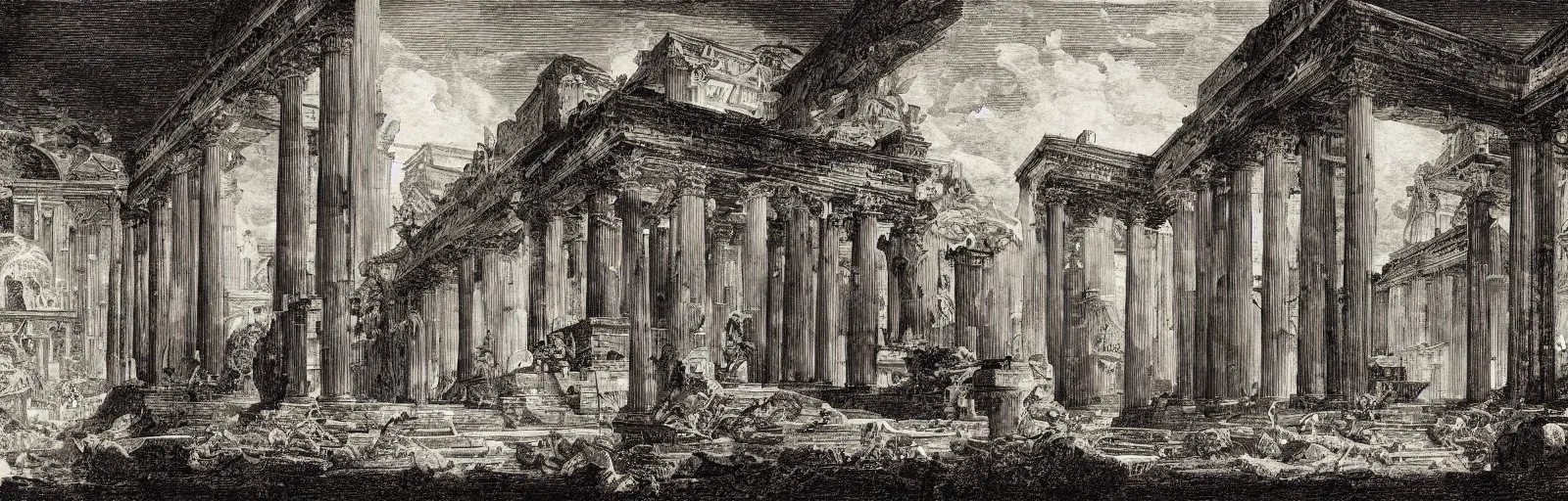 Image similar to a imaginative and theatrical architectural interior landscape, etching by giovanni battista piranesi