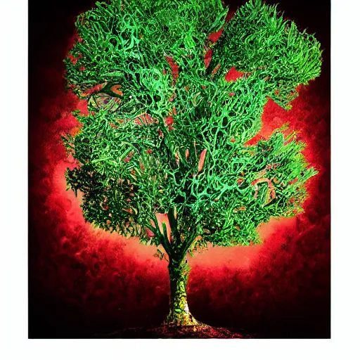 Prompt: intricate five star toxic razzle tree, oil on canvas, hdr, high detail, photo realistic, hyperrealism, matte finish, high contrast, 3 d depth, centered, masterpiece, vivid and vibrant colors, enhanced light effect, enhanced eye detail, artstationhd