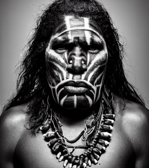 Prompt: black and white portrait of a australian aboriginal warrior wearing animal skins and a scary necklace, angry look, dark background, studio light, hdr, nikon 2 4 mm f / 1. 8 g, by sebastiao salgado