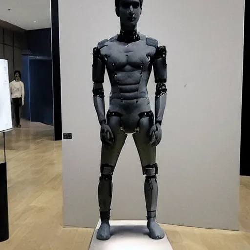 Image similar to “ a realistic detailed photo of a guy who is an attractive humanoid who is half robot and half humanoid, who is a male android, actor liam hemsworth, shiny skin, posing like a statue, blank stare, at the museum, on display ”