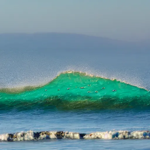 Prompt: small perfect reef point wave breaking in shallow clear water directly in front of the tilt shift camera view hollister ranch offshore winds kelp islands on horizon oil dereks on horizon late afternoon fall time central california