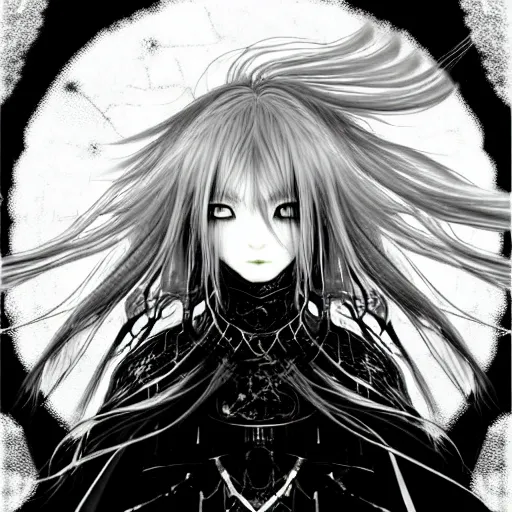 Image similar to Yoshitaka Amano blurred and dreamy illustration of an anime girl with wavy white hair and cracks on her face wearing Elden ring armour with the cape fluttering in the wind, abstract black and white patterns on the background, noisy film grain effect, highly detailed, Renaissance oil painting, weird portrait angle