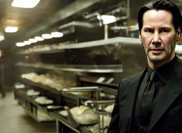 Prompt: film still of keanu reeves as agent smith working in a bakery in the new matrix movie, 4 k