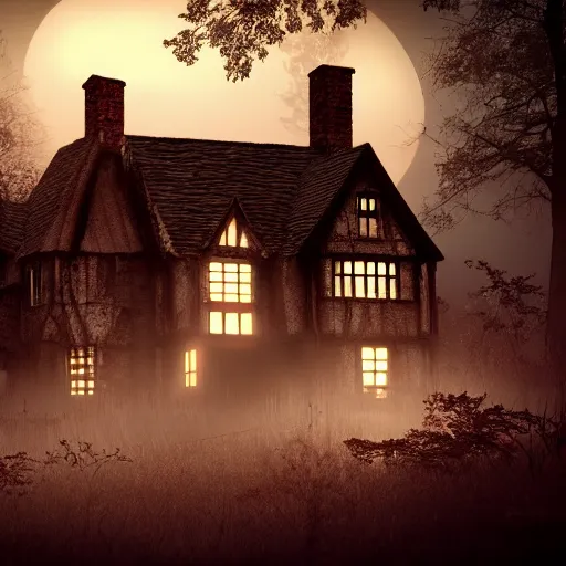 Image similar to village horror house in forest darkness dark unreal render fog highly detailed