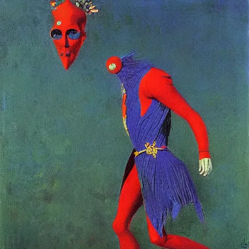 Image similar to spring-heeled jack. painting by max ernst and by victor nizovtsev.
