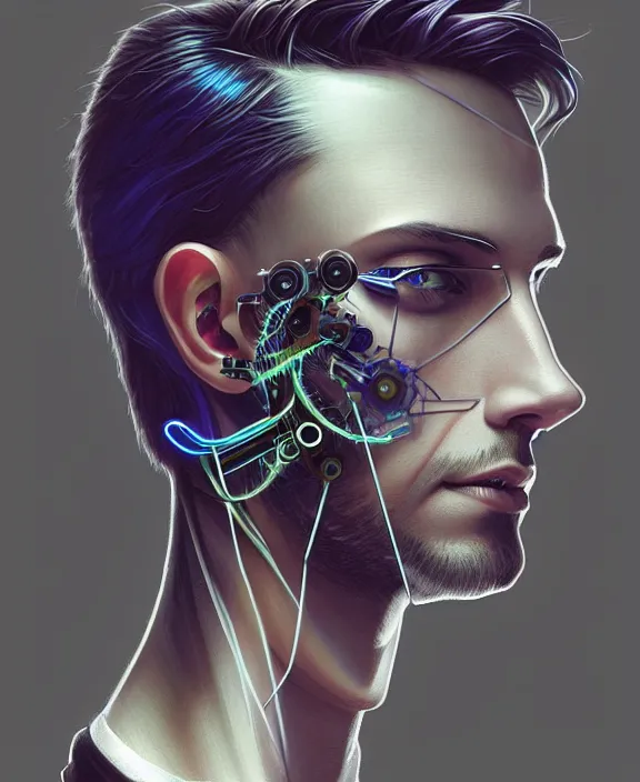 Image similar to a whirlwind inside the metaverse, guy, male, man, science, machine face, fashionable haircut, piercing, half body, neurochip, android, cyberpunk face, by loish, d & d, fantasy, intricate, elegant, highly detailed, colorful, digital painting, artstation, concept art, art by artgerm and greg rutkowski and alphonse mucha