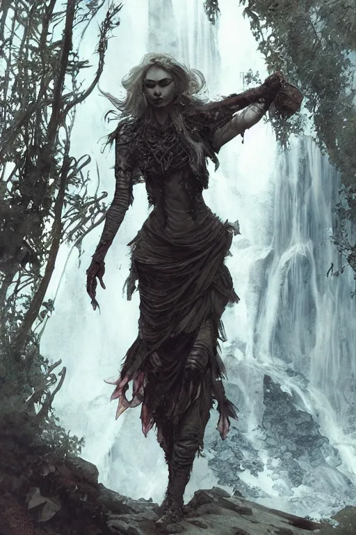 Image similar to a full body portrait of a beautiful post apocalyptic offworld nordic necromancer dancing by the waterfalls, intricate, elegant, highly detailed, digital painting, artstation, concept art, smooth, sharp focus, illustration, art by krenz cushart and artem demura and alphonse mucha