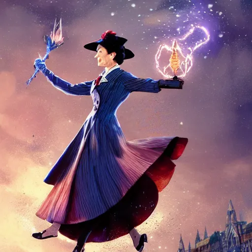 Image similar to Mary poppins , casting epic spell, magic the gathering artwork, D&D, fantasy, cinematic lighting, centered, symmetrical, highly detailed, digital painting, artstation, concept art, smooth, sharp focus, illustration, volumetric lighting, epic Composition, 8k, art by Akihiko Yoshida and Greg Rutkowski and Craig Mullins, heroic pose, oil painting, cgsociety, magic lab background