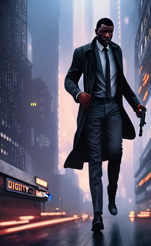 Prompt: hyper - realistic, digital matte painting of an attractive black male detective holding a blaster, wearing a suit and trench coat, blade runner city, cinematic lighting, 4 k textures, sharp focus, by greg rutkowski, by ilya kuvshinov, by eric - anthony johnson