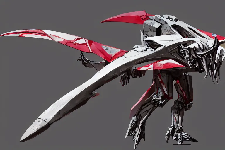 Prompt: a pteranodon mecha interceptor, white john berkey armor panels, wine-red and grey trim, skull insignia, robotech styling with Kanji markings, boeing concept art painting, cinematic lighting, amazing lifelike cinematic photo render