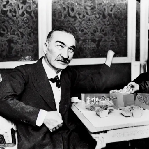 Image similar to mustafa kemal ataturk eating mcdonalds