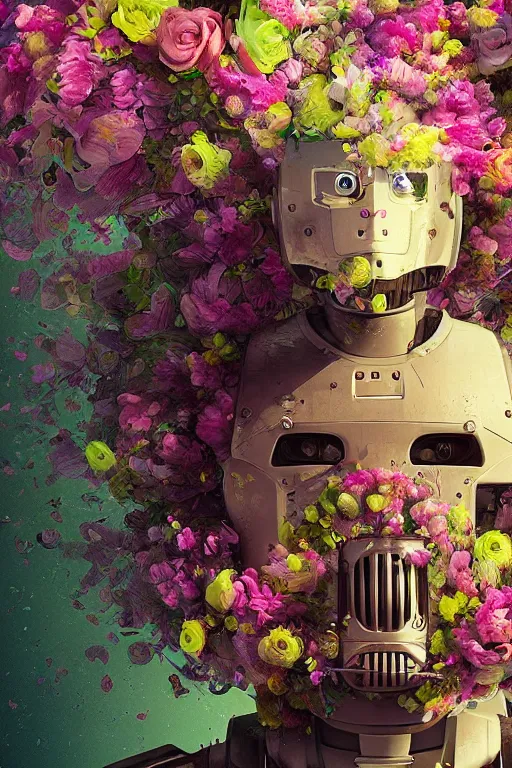 Prompt: closeup, underwater digital painting of a robot wearing a suit made of flowers, cyberpunk portrait by Filip Hodas, cgsociety, panfuturism, abstract expressionism, scribbles, made of flowers, dystopian art, vaporwave