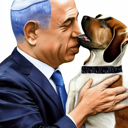 Image similar to benjamin netanyahu kissing a dog, photorealistic, detailed