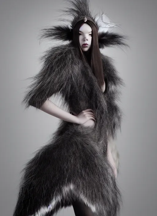 Prompt: full body environmental portrait photo of dressed anya taylor - joy as catgirl, headpiece made from fur, glamour shot by gemmy woud - binnendijk, chris knight, photorealistic, canon r 3, fashion photography, elegant, luxury and elite, symmetry, octane render, unreal engine, solid dark grey background, dramatic lights, high fashion journal cover